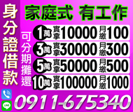 【家庭式 身份證借款】有工作可分期攤還 | 10萬實拿100000月繳1000起【LINE借錢】