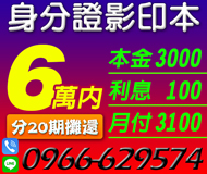 【借6萬 本金3000利息100月付3100起 】身分證影印本借款 | 可分20期攤還【LINE借錢】