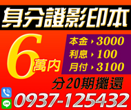 【身份證影印本借錢】本息攤還 本金3000利息100 | 6萬內 月付3100起可分20期攤還【LINE借錢】